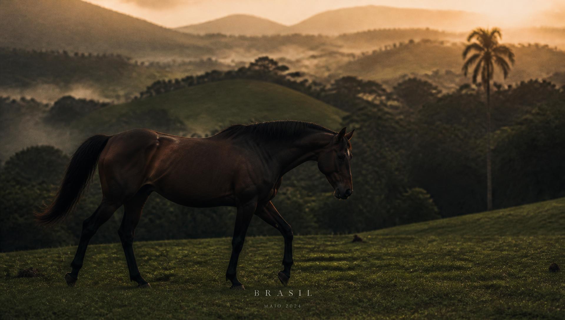 Cavalo caminhando ao amanhecer nos campos do Haras Vellatore